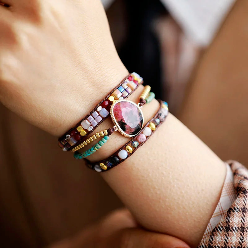 Black Line Rhodonite Wrap Bracelet