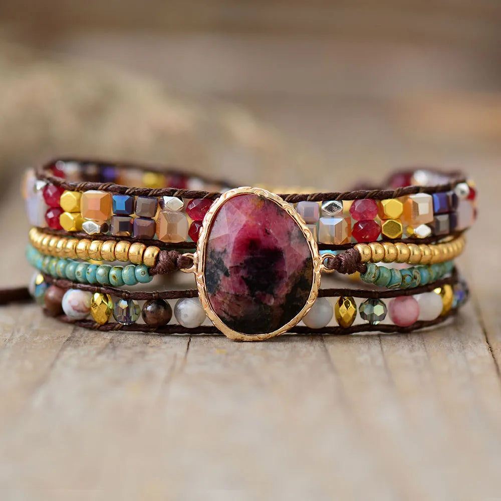 Black Line Rhodonite Wrap Bracelet