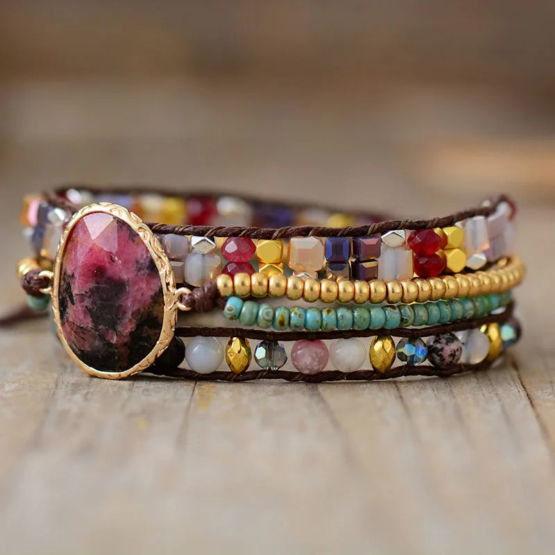 Black Line Rhodonite Wrap Bracelet