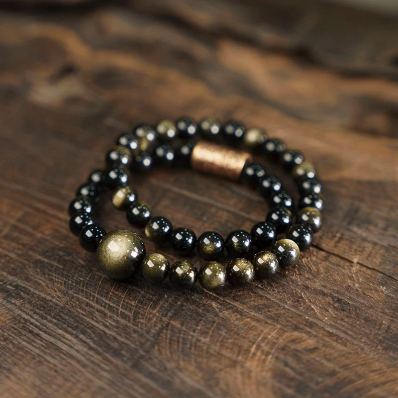Tibetan Double Layer Gold Obsidian Bracelet