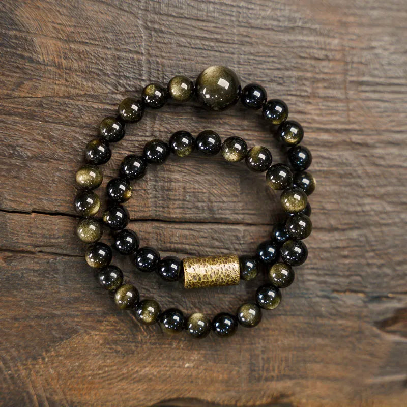 Tibetan Double Layer Gold Obsidian Bracelet