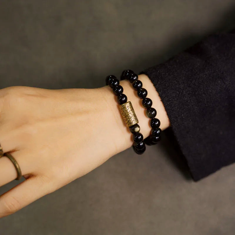 Tibetan Double Layer Gold Obsidian Bracelet