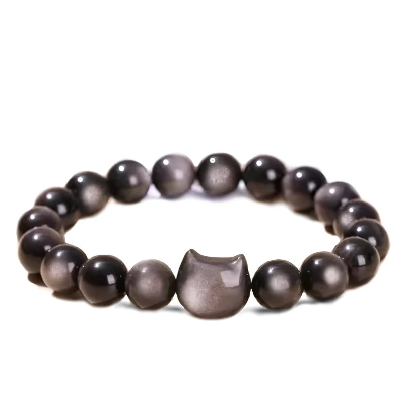 Cute Silver Obsidian Cat Bracelet