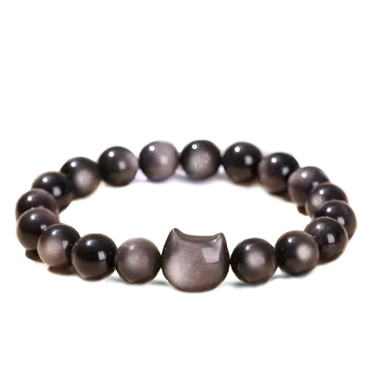 Cute Silver Obsidian Cat Bracelet