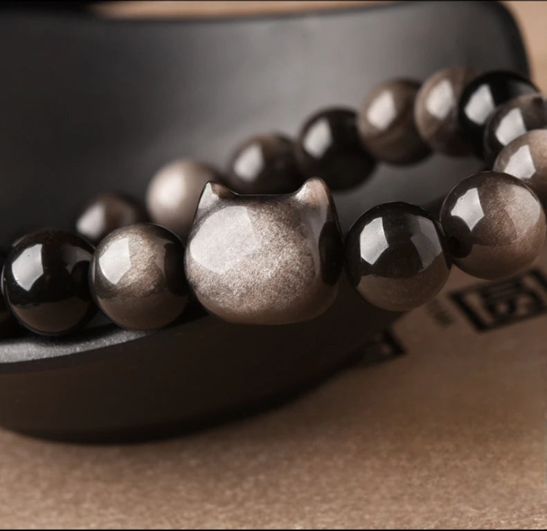 Cute Silver Obsidian Cat Bracelet