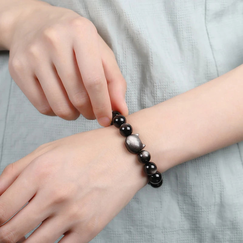 Cute Silver Obsidian Cat Bracelet