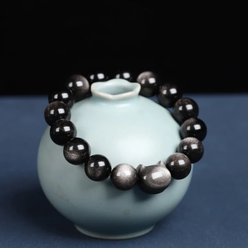 Cute Silver Obsidian Cat Bracelet