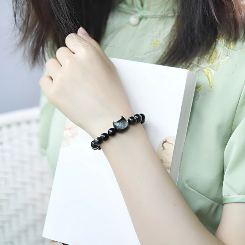 Cute Silver Obsidian Cat Bracelet